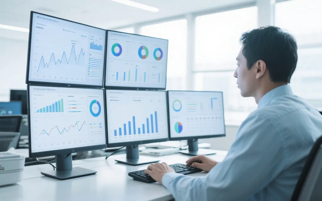 现代化数据分析场景，屏幕上显示图表与走势